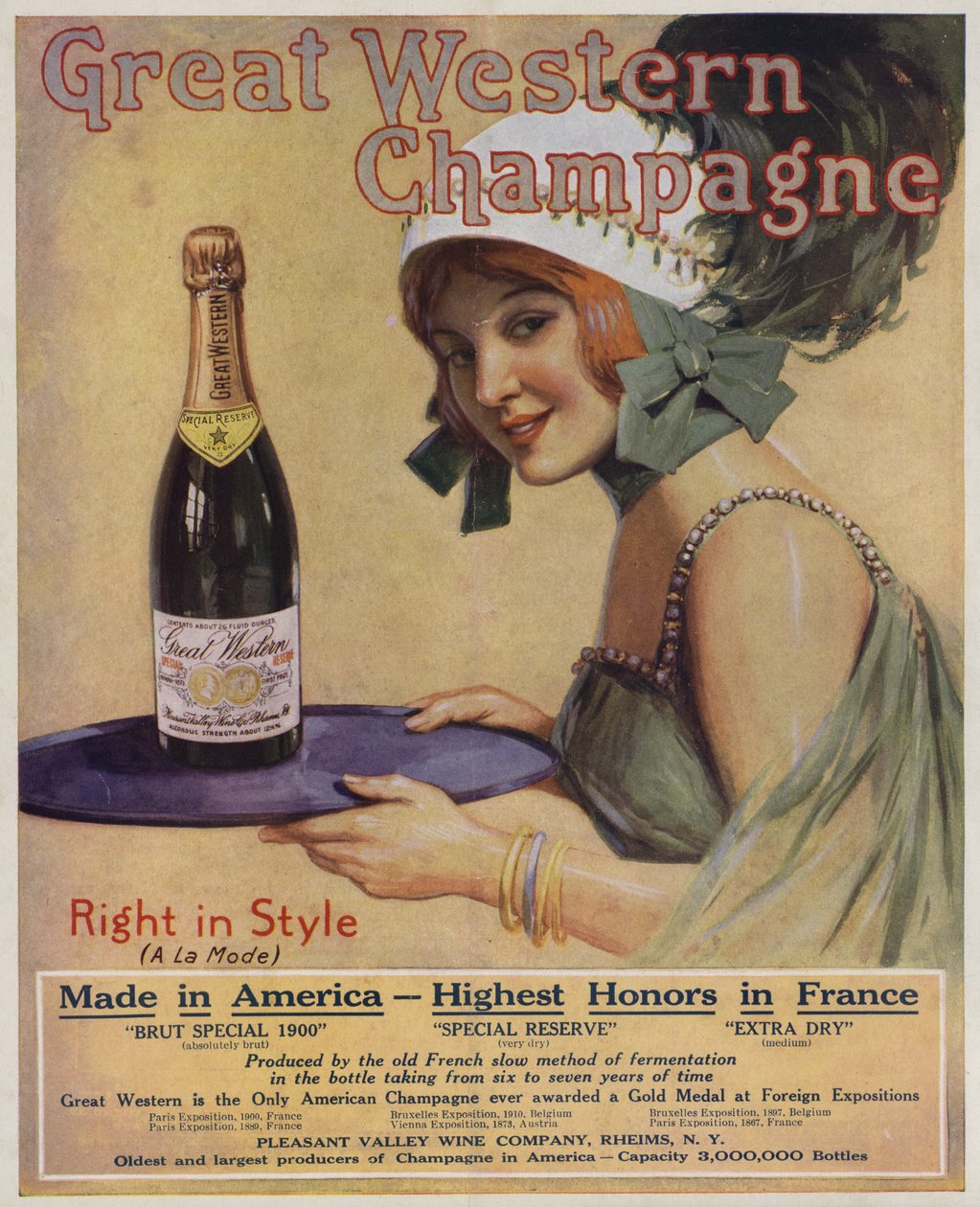 Mladá žena s lahví šampaňského, reklama na Great Western Champagne (barevná litografie) od American School
