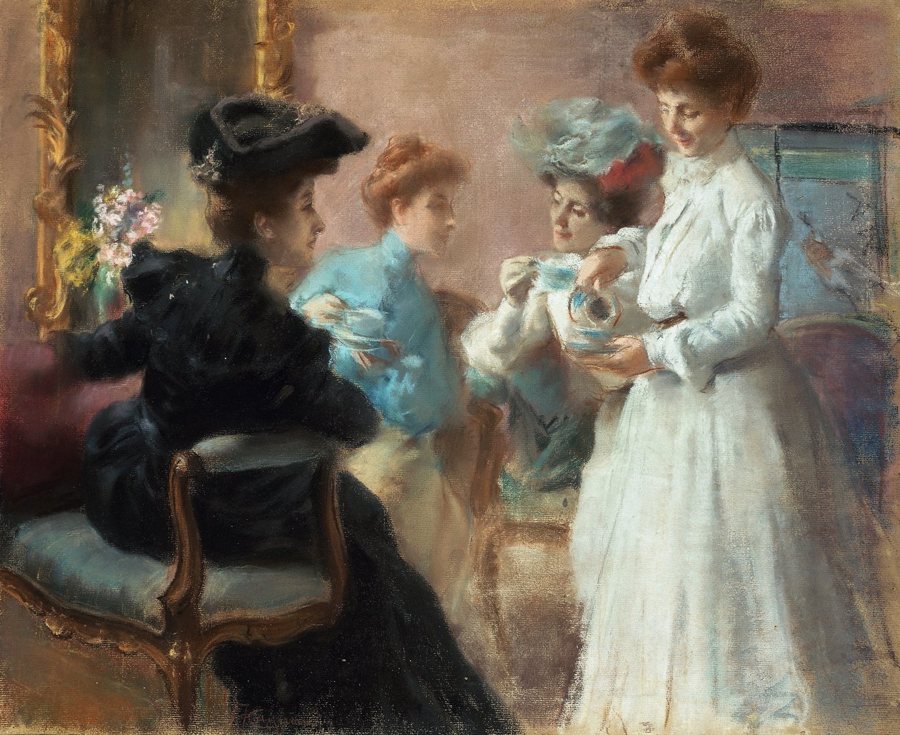 Čaj v mém obývacím pokoji na Via Senato, Amerino Cagnoni (1853-1923), pastel na papíře na plátně, 48x56,5 cm od Amerino Cagnoni