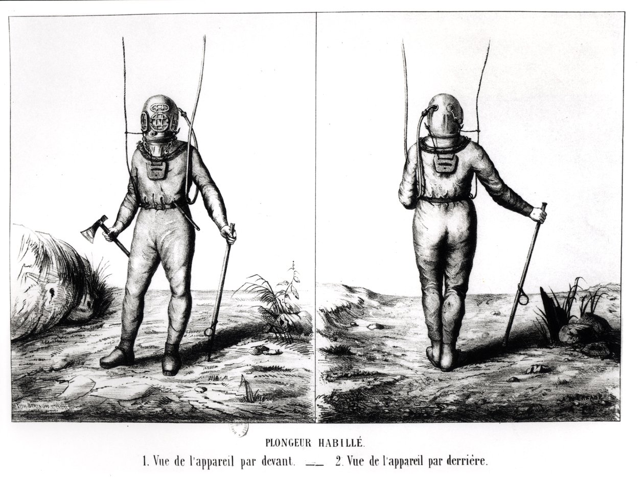 Deep Sea Diver, ilustrace ze Scaphandre, Apparatus de Plongeur Cabirol, Joseph-Martin Cabirol, vydáno Paříž 1855 (černobílá fotografie) od Amicar de Lafage