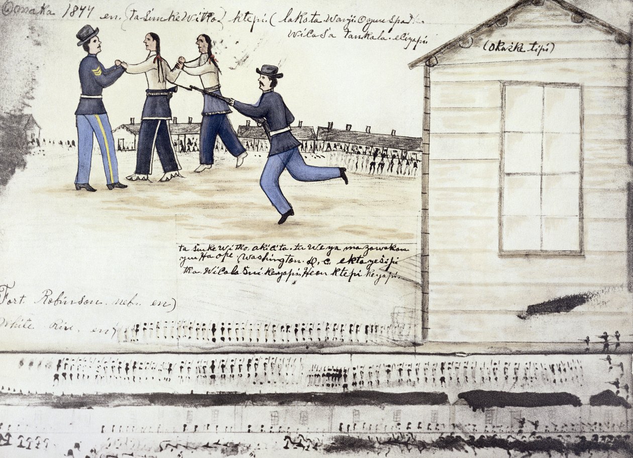 Smrt Šíleného koně (asi 1842-1977) v roce 1877, Fort Robinson, Nebraska (tuš na papíře) od Amos Bad Heart Buffalo