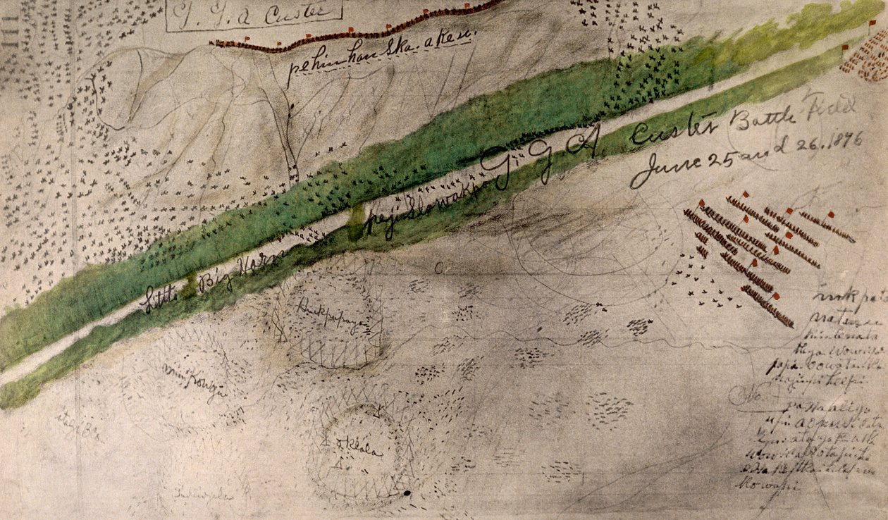 Topografická mapa bojiště u Little Big Hornu (uhlí a inkoust na papíře) od Amos Bad Heart Buffalo