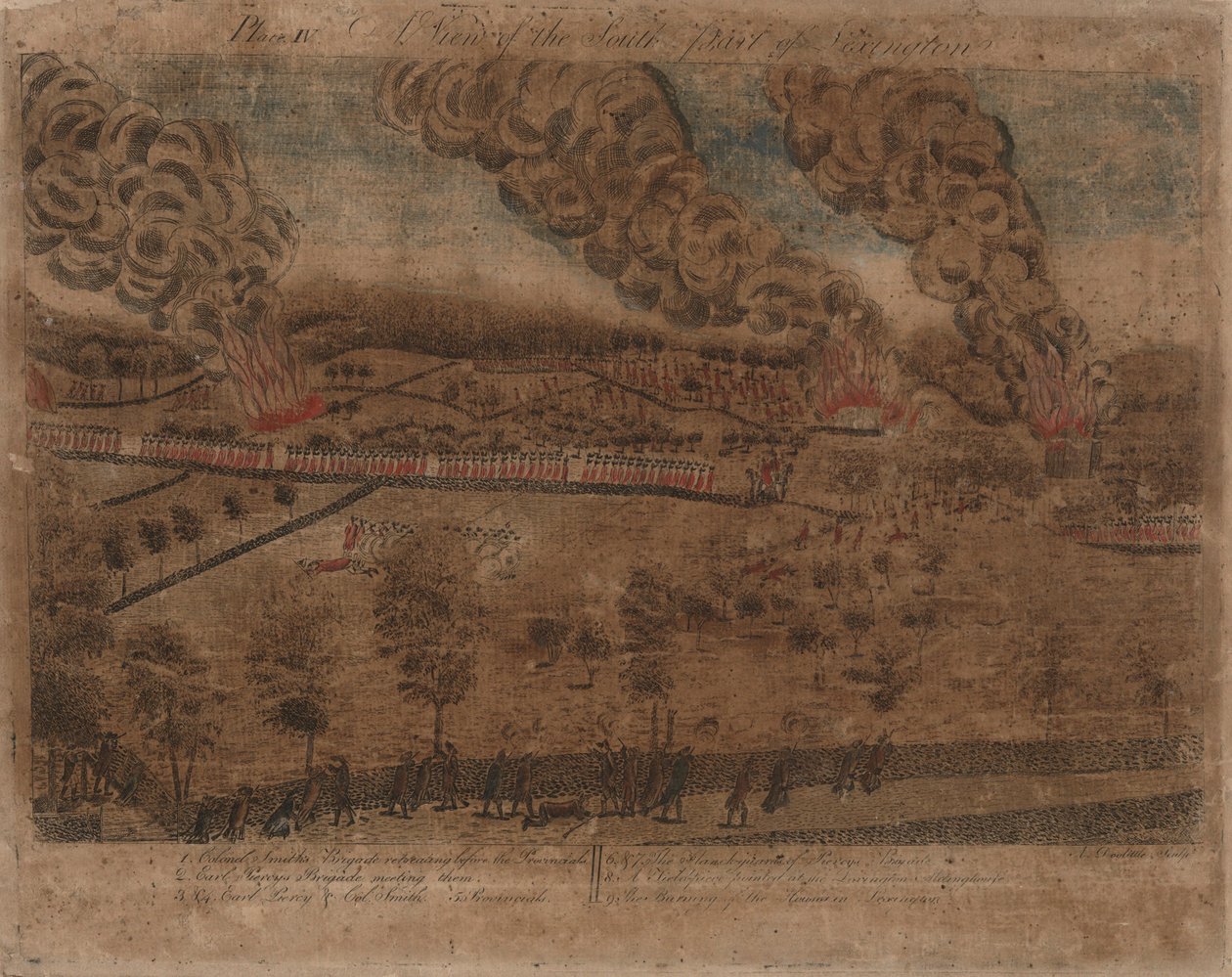 Bitvy u Lexingtonu a Concordu: Deska I, Bitva u Lexingtonu, 19. dubna 1775. Deska II, Pohled na město Concord. Deska III: Zásnuby na South Bridge v Concordu. Deska IV: Pohled na jižní část Lexingtonu. od Amos Doolittle