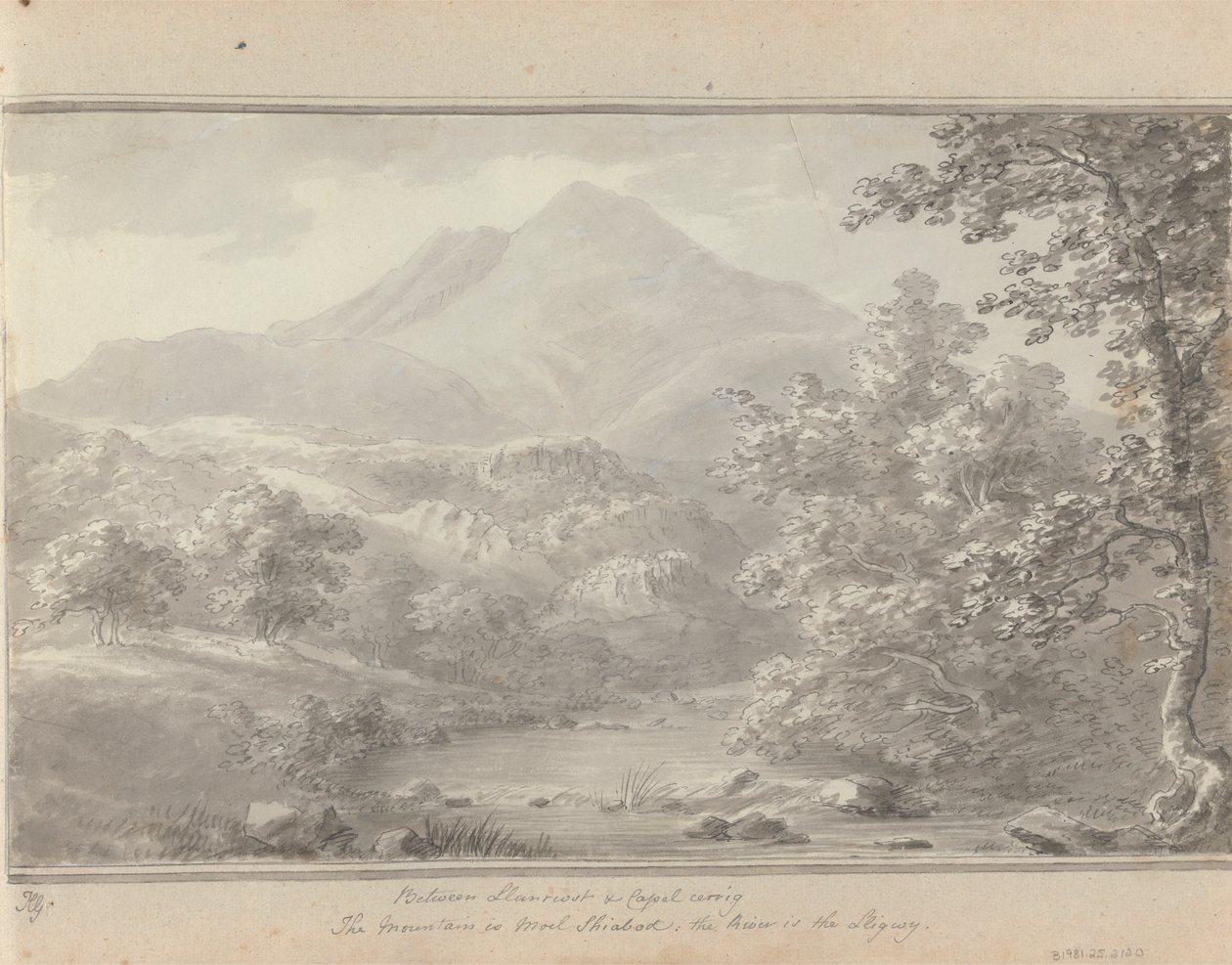 Výhledy v Anglii, Skotsku a Walesu: Mezi Llanrwst a Capel Cerrig, hora je Moel Shiabod, řeka je Lligwy od Amos Green