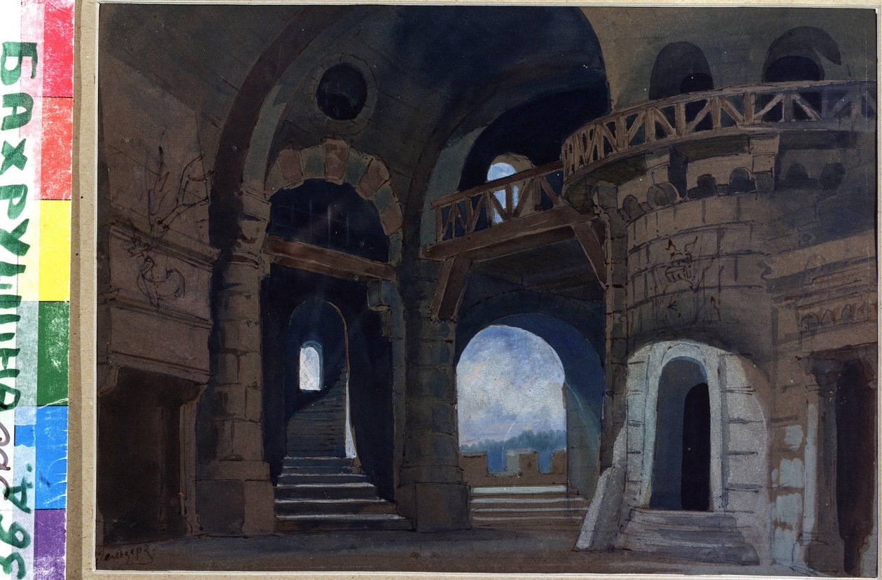 Decor pour la piece Macbeth de William Shakespeare (1564-1616) (scéna ke hře Macbeth od W.Shakespeara). Oeuvre de Anatoli Fjodorovič Geltser (1852-1918), akvarel a kvaš na papíře od Anatoli Fedorovich Geltser