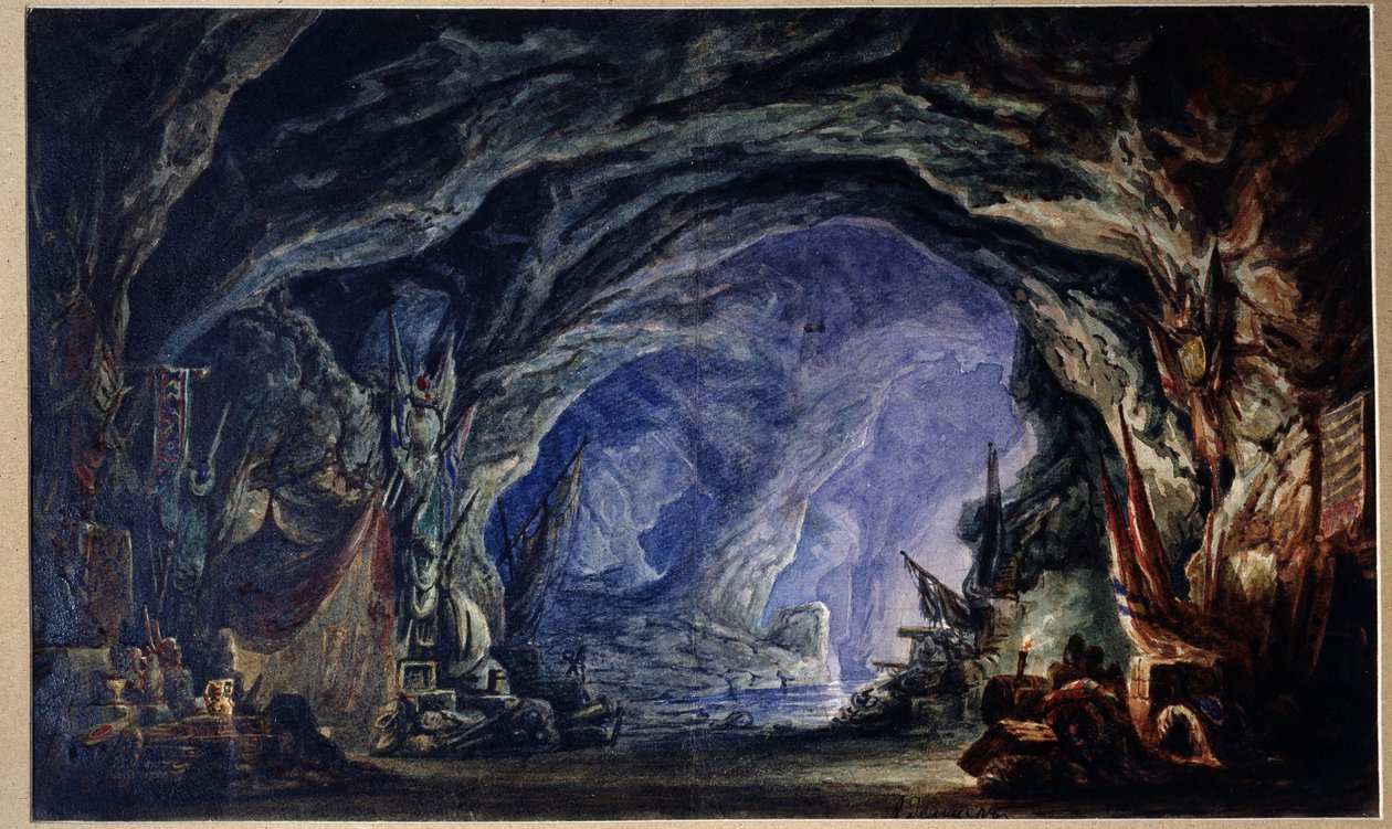 Přípravná výzdoba pro balet Le Corsaire od Adolphe Adama (1803-1856) (scéna pro Ballet Corsair od A. Adama). Jeskyně korzárů, přístupná po moři, kde hromadí svou kořist a ceny všeho druhu (látky, nádobí, zbraně). Ach od Anatoli Fedorovich Geltser