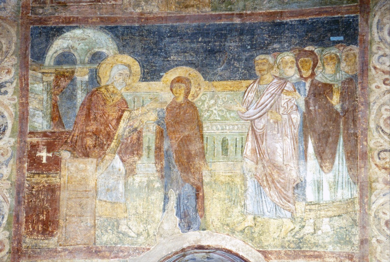 Panna přijímající fialovou a košenilu od Ancient Russian frescos