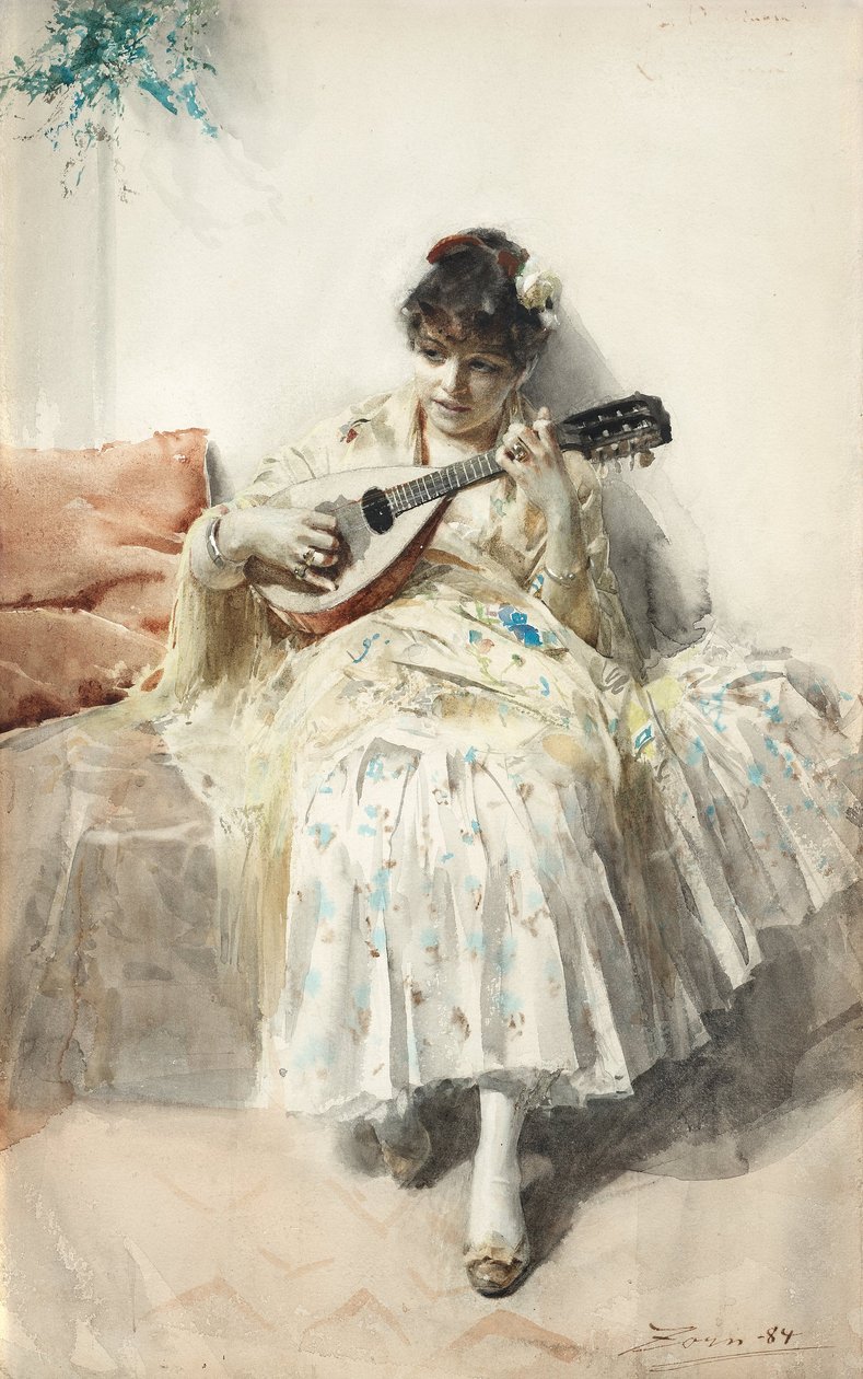 Dívka hrající na mandolínu od Anders Leonard Zorn