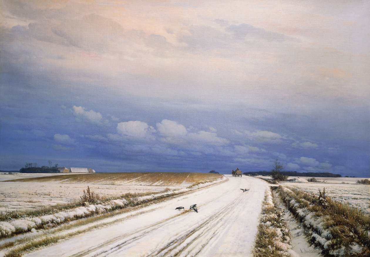 Zimní krajina s koněm a vozíkem, od Anders Andersen Lundby