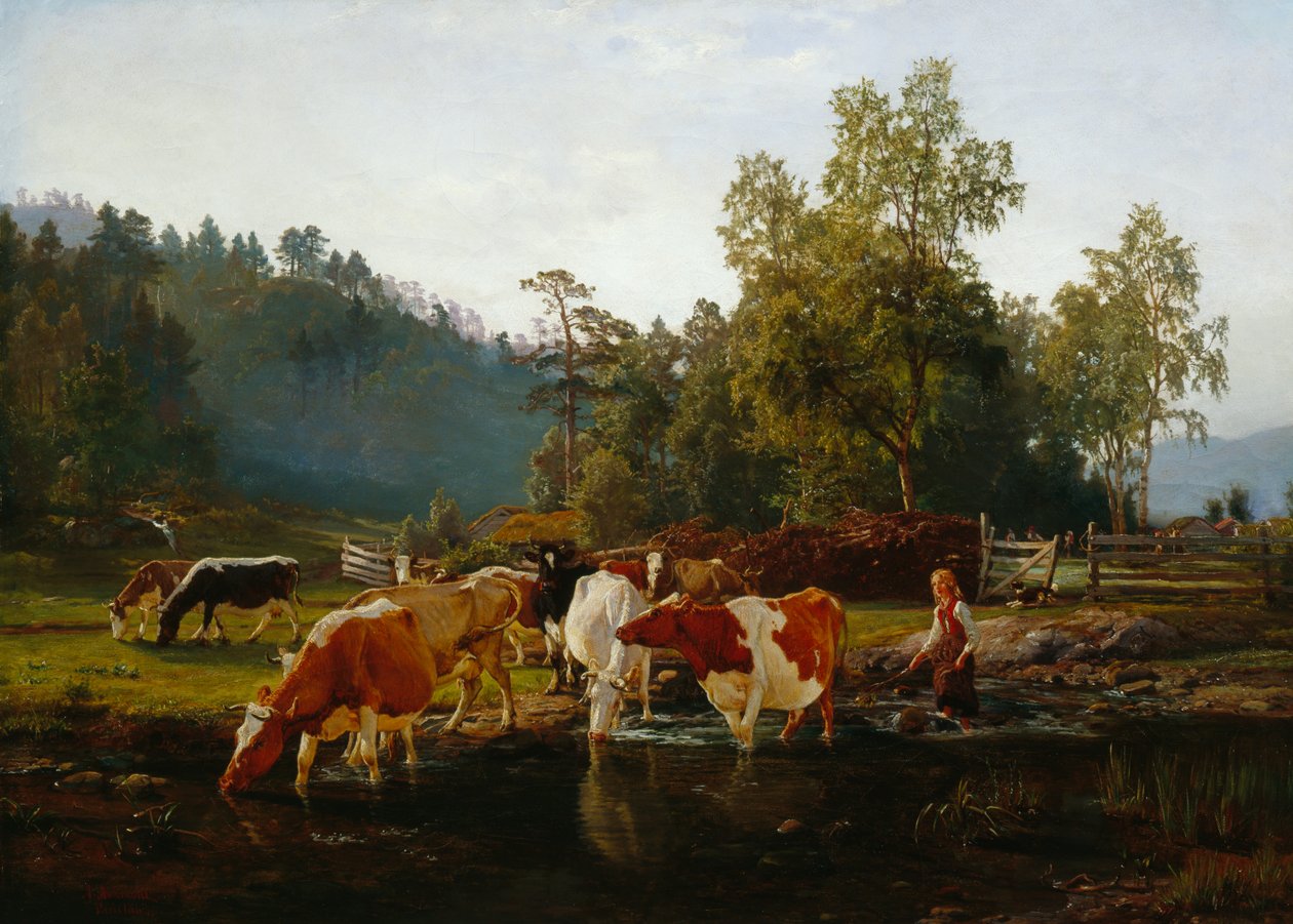 Krávy u řeky od Anders Askevold