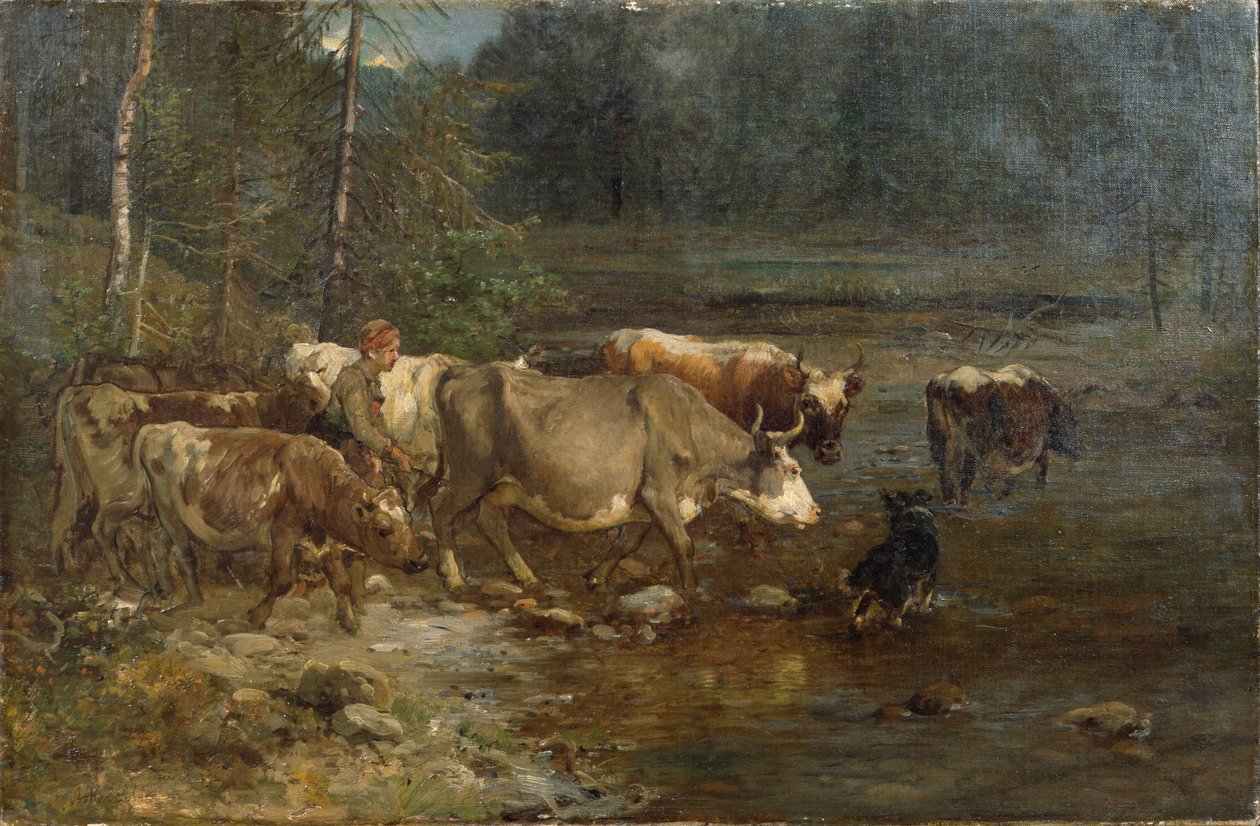 Dojnice a krávy u vodojemu (malba) od Anders Askevold