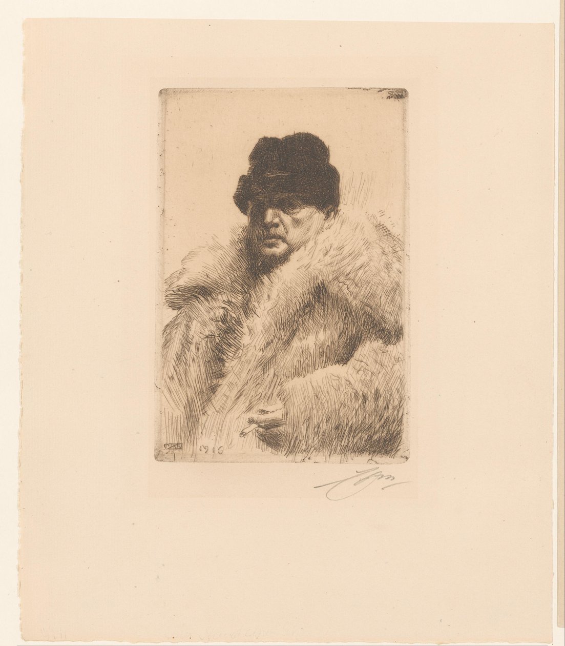 Autoportrét s kožešinou a kloboukem od Anders Leonard Zorn (signed by artist)