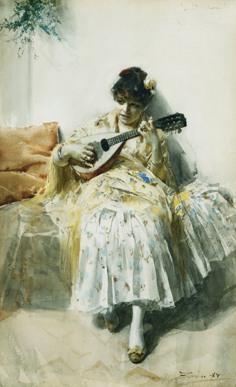 Španělská dívka hrající na mandolínu, 1884 od Anders Leonard Zorn