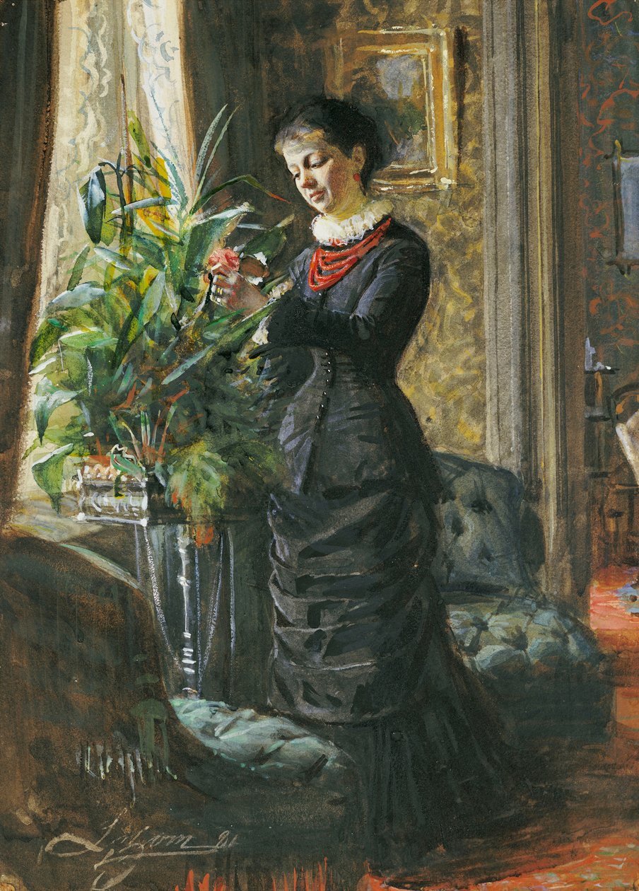 Portrét Fru Lisen Samson, rozené Hirsch, aranžuje květiny u okna, 1881 od Anders Leonard Zorn