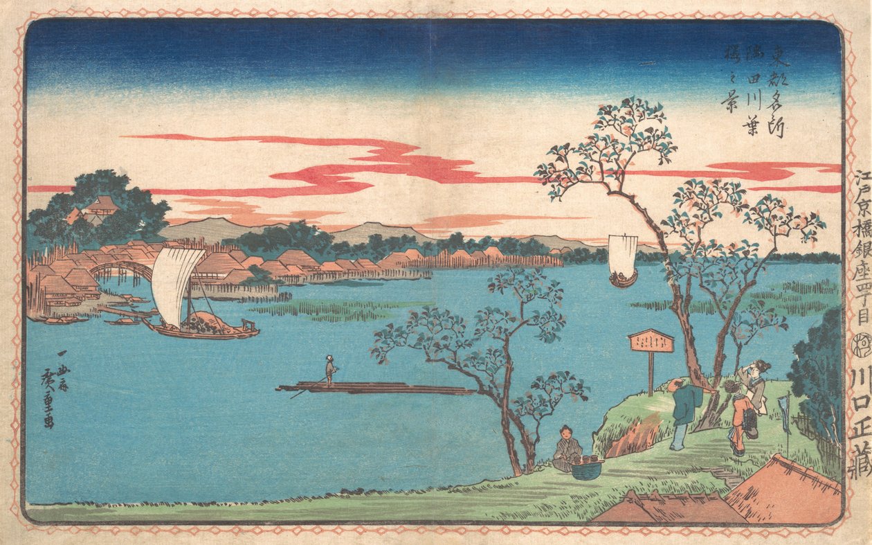 Pohled na třešňové stromy v listí podél řeky Sumida, 1831., 1831. od Ando Hiroshige