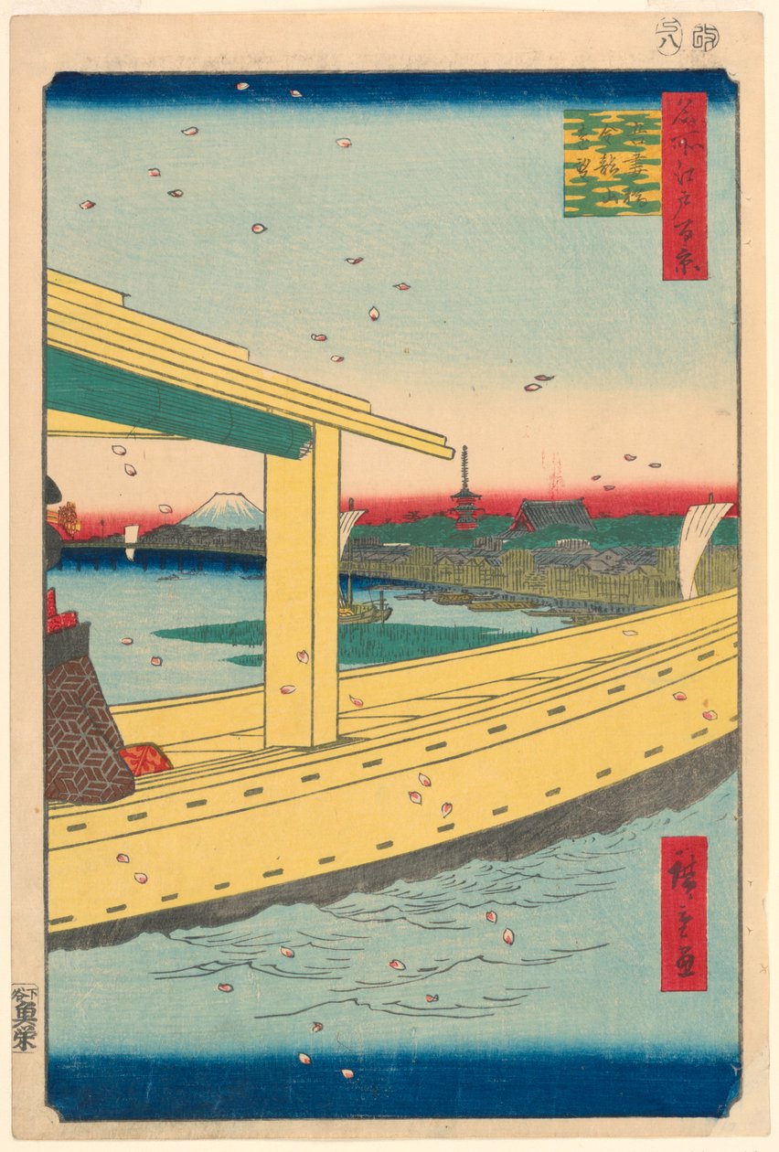 Vzdálený pohled na chrám Kinryuzan z mostu Azuma (Azuma-bashi, embo Kinryuzan) č. 39 ze série Sto slavných pohledů na Edo od Ando Hiroshige