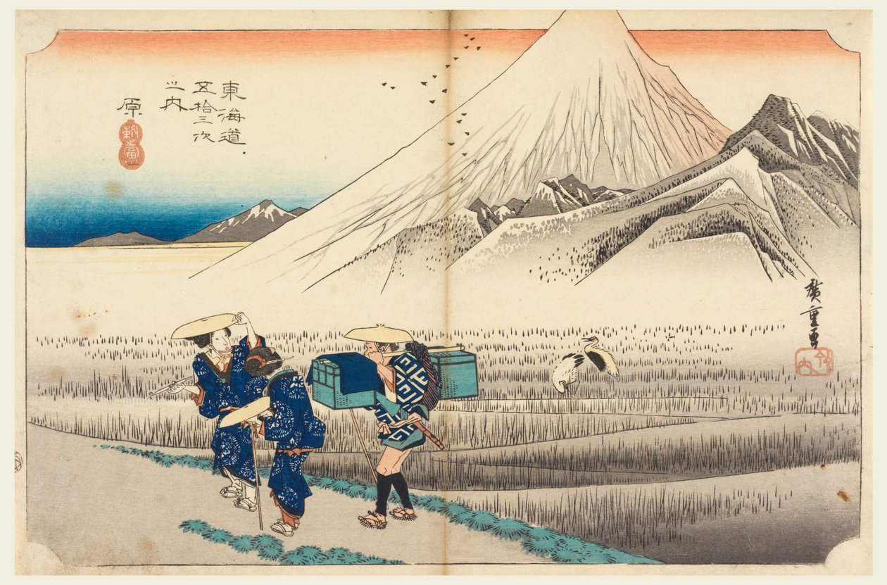 Hara, Fuji za úsvitu, v Padesáti třech stanicích na Tokaidské silnici (Tokaido Gojusan Tsugi-no Uchi) od Ando Hiroshige