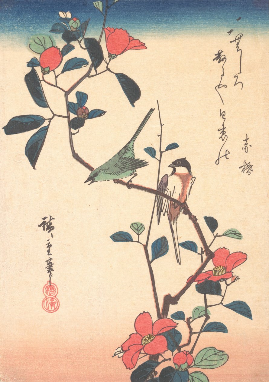 Japonský bělooký a sýkora na větvi kamélie, ca. 1840, ca. 1840. od Ando Hiroshige