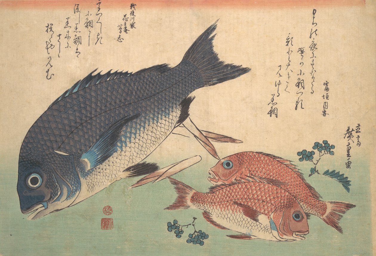 Kurodai a Kodai Ryby s bambusovými výhonky a bobulemi, ze série Uozukushi Every V..., 30. léta 19. století. od Ando Hiroshige