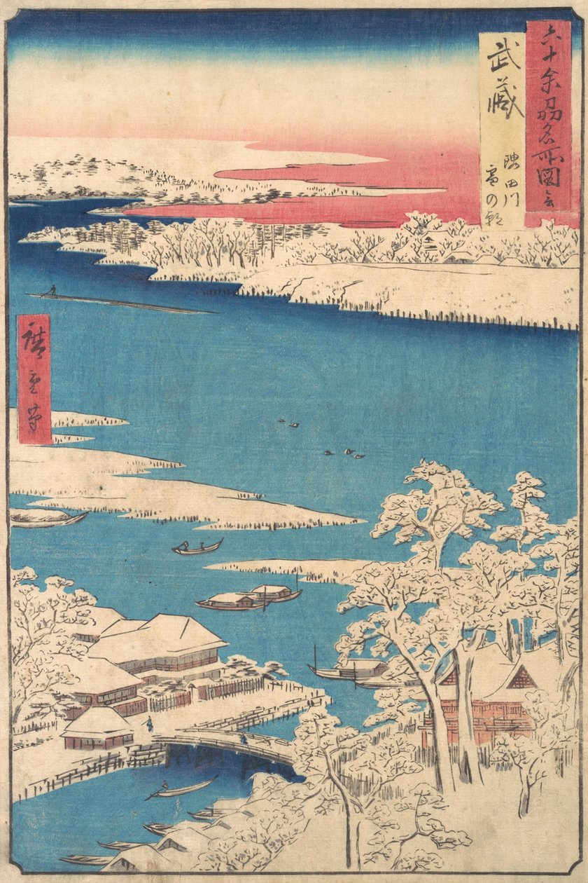 Ráno po sněžení, řeka Sumida, provincie Musashi, ze série Pohledy o..., ca. 1853. od Ando Hiroshige