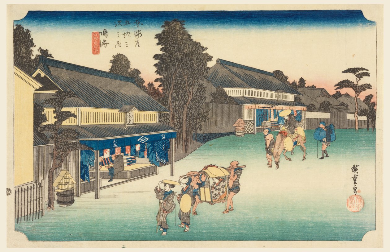 Narumi, místo známé svou látkou, v Padesáti třech stanicích Tokaidské silnice (Tokaido Gojusan Tsugi-no Uchi) od Ando Hiroshige