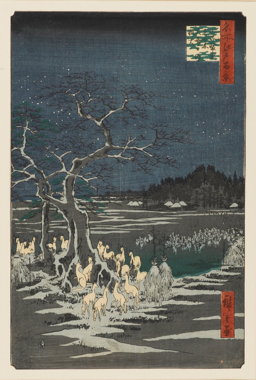 Silvestrovské požáry u měnícího se stromu, Oji, 19. století od Ando Hiroshige