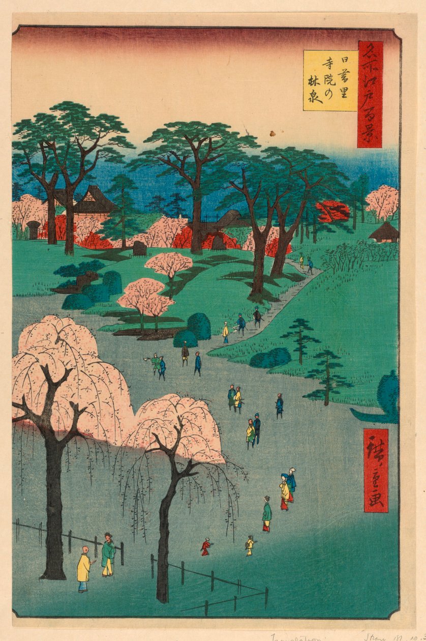 Nippori, Temple Gardens (Nippori, Jiin No Rinsen) Ze série Sto slavných pohledů na Edo od Ando Hiroshige