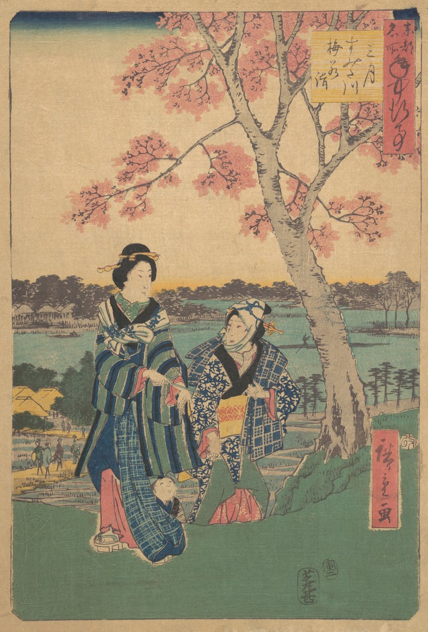 Sledování švestkových květů ve třetím měsíci na řece Sumida ze série Výroční události v F..., 1854. od Ando Hiroshige