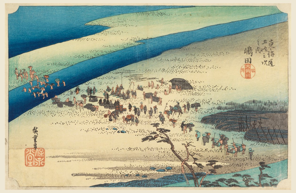 Shimada, Travelers Crossing the Oigawa, v Padesáti třech stanicích Tokaidské silnice (Tokaido Gojusan Tsugi-no Uchi) od Ando Hiroshige