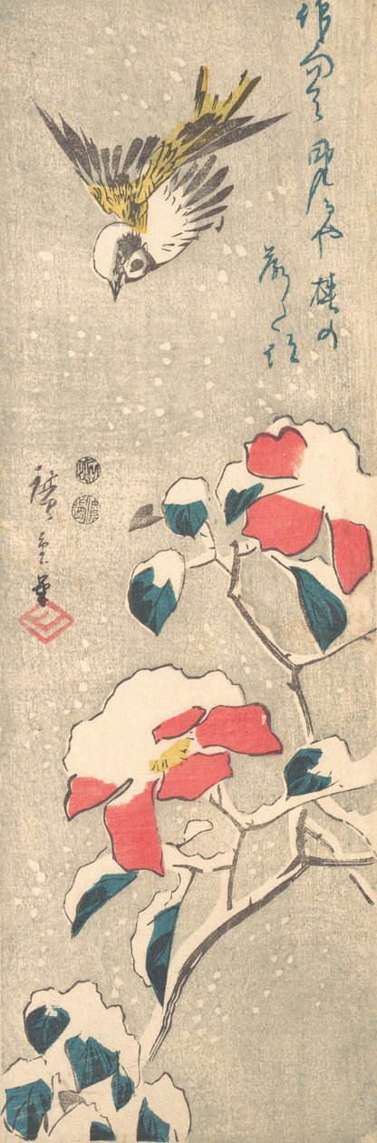 Vrabec a zasněžená kamélie Tsubaki, ca. 1845, ca. 1845. od Ando Hiroshige