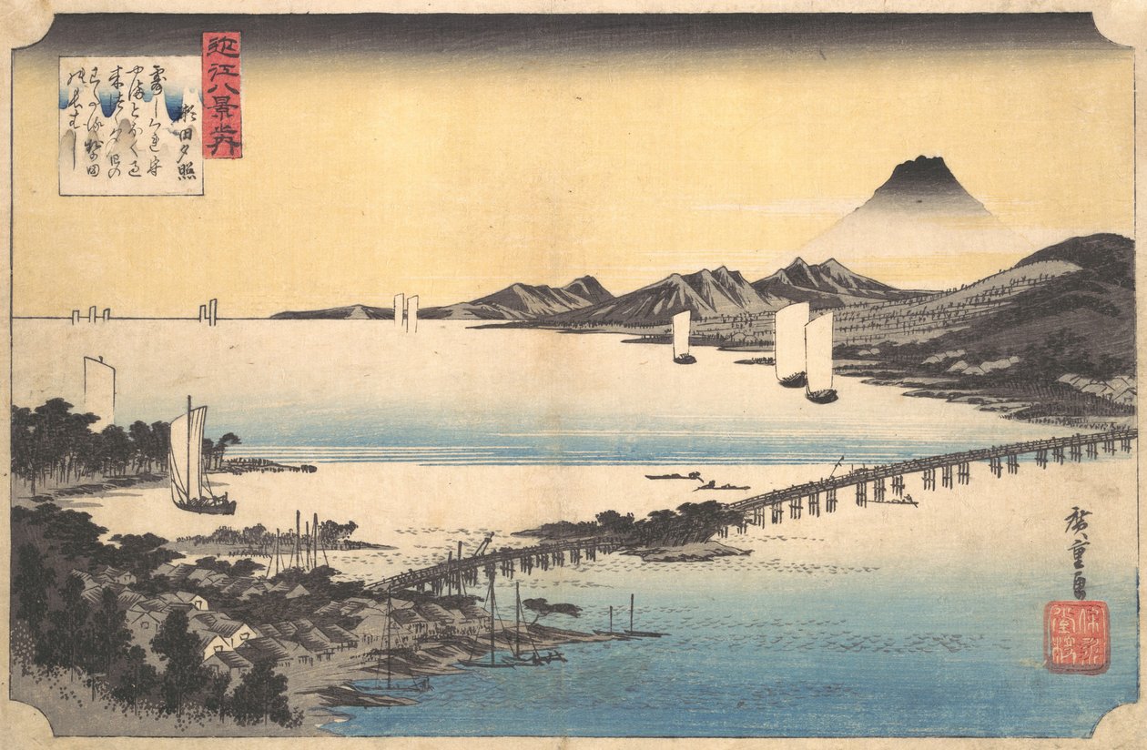 Západ slunce v Seta Seta sekisho, ze série Osm pohledů na provincii Omi Omi ha..., 1834-35. od Ando Hiroshige