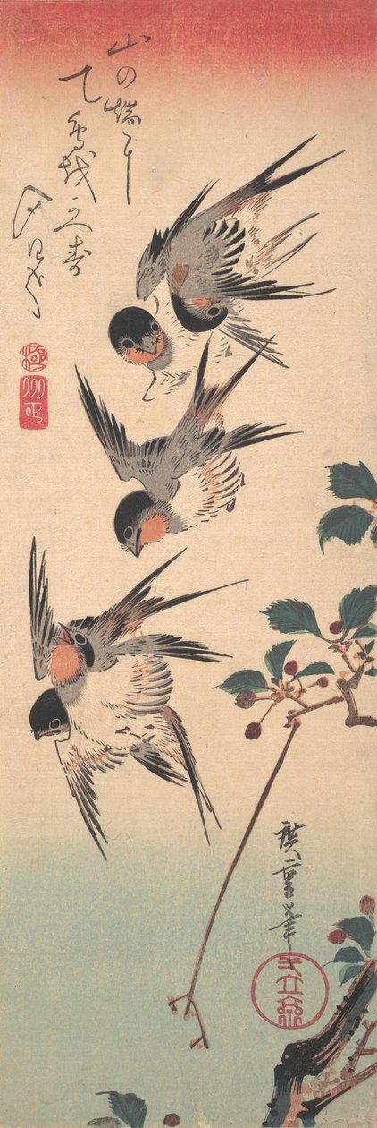 Vlaštovky a pučící divoká třešeň, ca. 1835, ca. 1835. od Ando Hiroshige