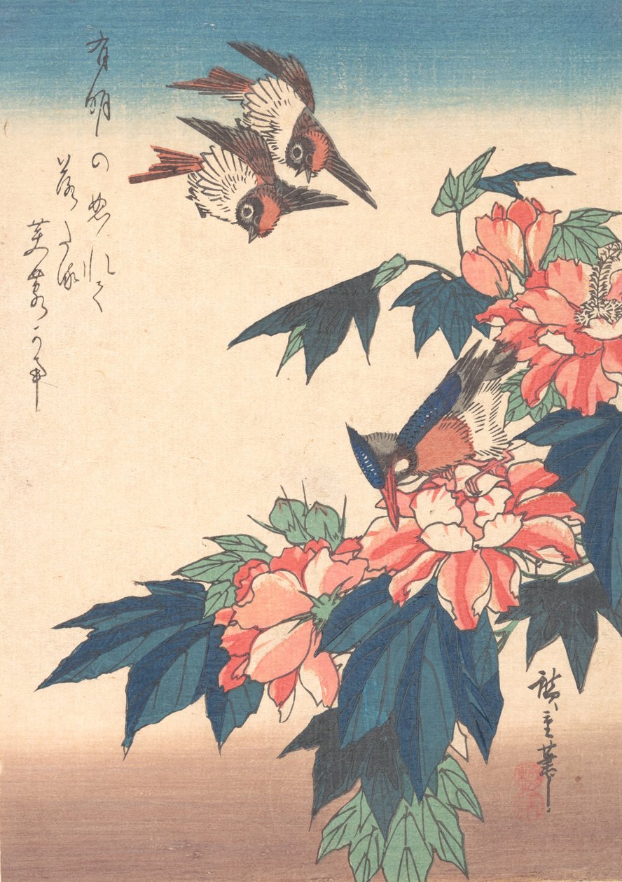 Vlaštovky a ledňáček s růžovým slézem, ca. 1838, ca. 1838. od Ando Hiroshige