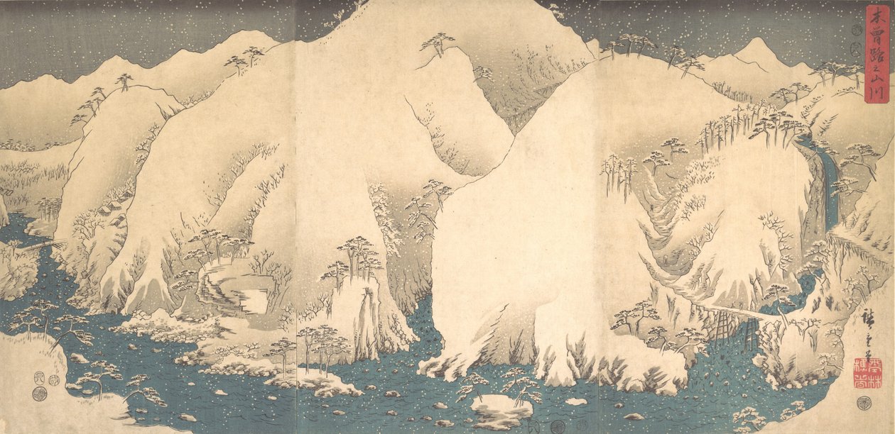 Kiso Mountains in Snow, datované 8. měsícem hada..., datované 8. měsícem roku hada, 1857. od Ando Hiroshige