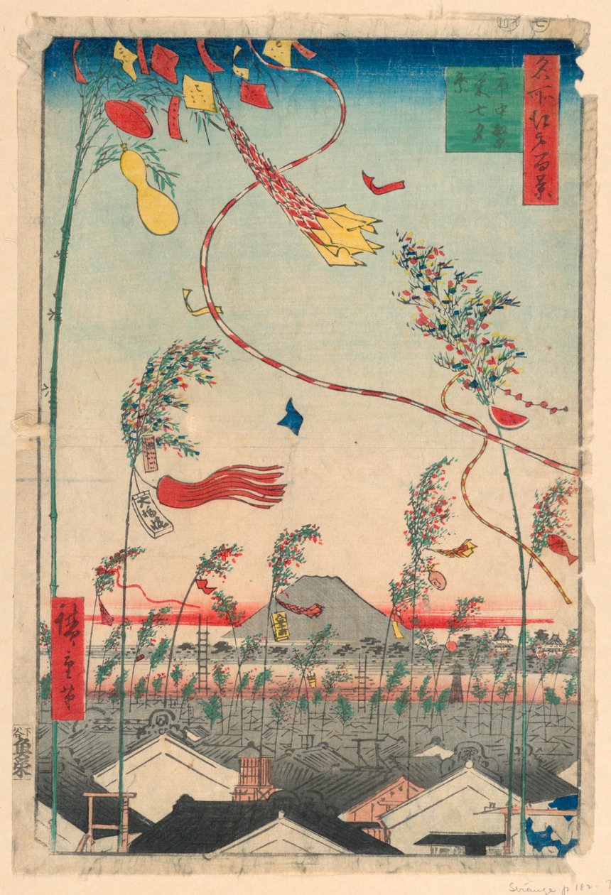 Město prosperující s festivalem Tanabata (Shichu han-ei, Tanabata matsuri) ze série Sto pohledů na Edo od Ando Hiroshige