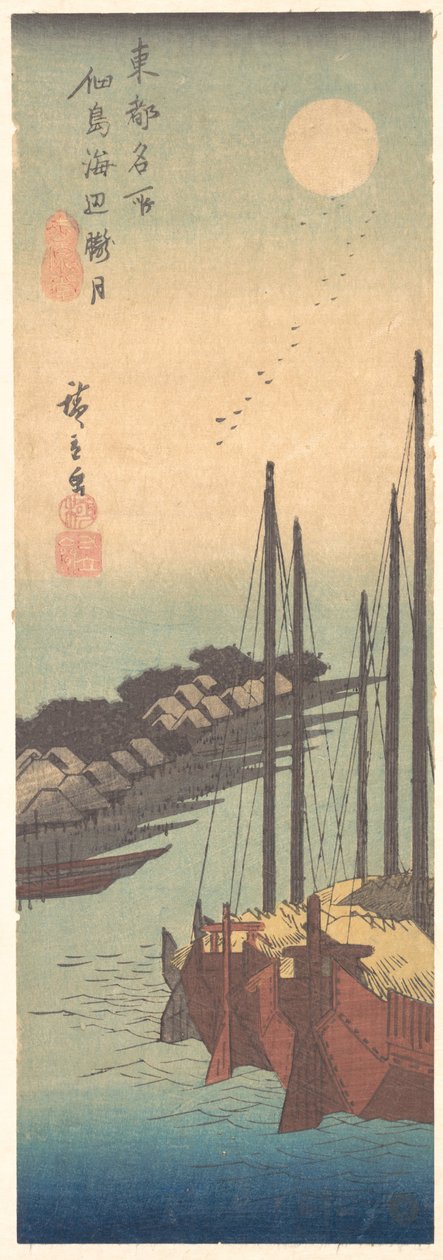Pláž Tsukudajima Rogetsu, co? 1836. , komár. 1836. od Ando Hiroshige