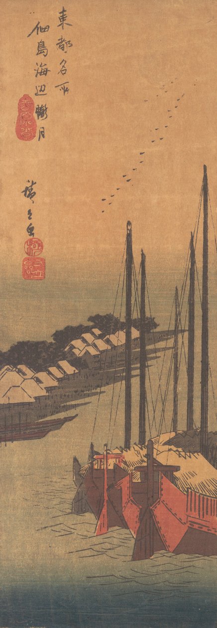 Zamlžený měsíc v Tsukudajimě. od Ando Hiroshige