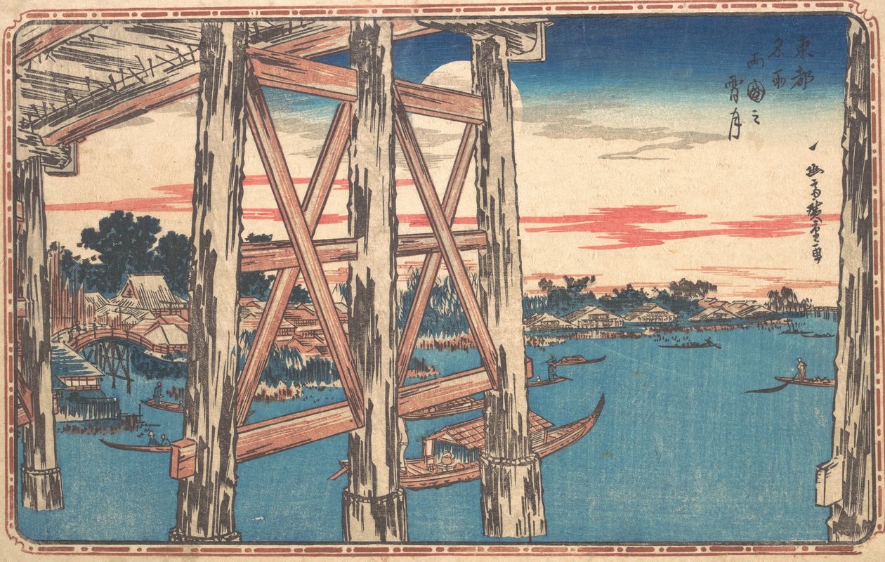 Soumrak na mostě Rjogoku. od Ando Hiroshige