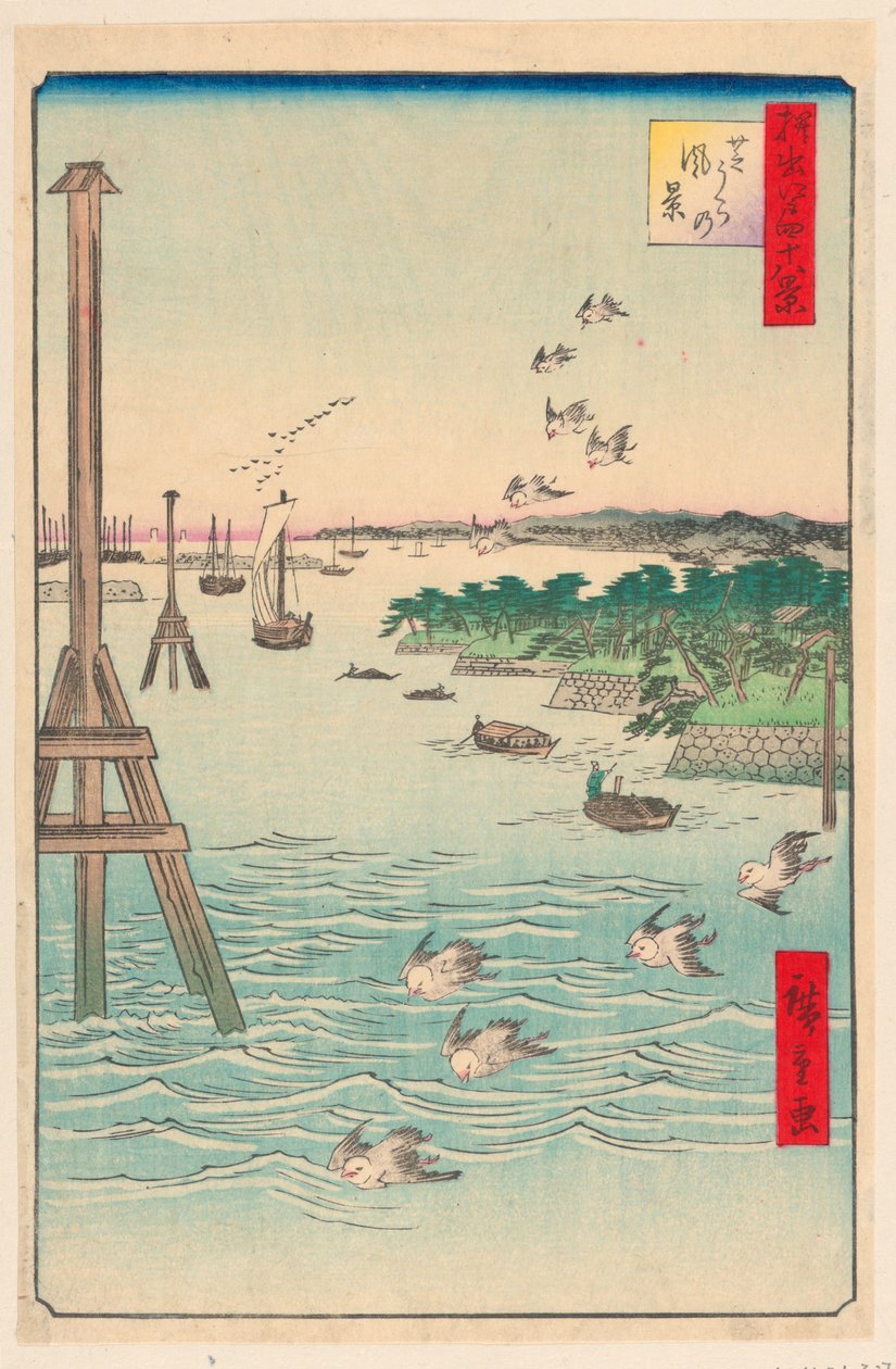 Pohled na pobřeží Shiba (Shibaura no fukei) ze série Sto slavných pohledů na Edo od Ando Hiroshige