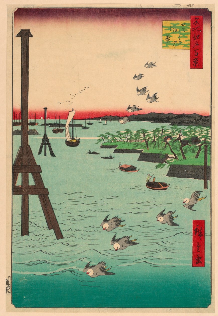 Pohled na pobřeží Shiba (Shibaura no fukei) ze série Sto slavných pohledů na Edo od Ando Hiroshige