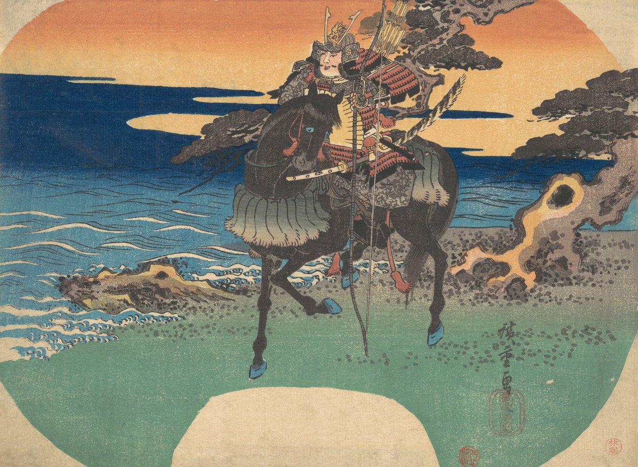 Warrior Riding Black Horse podél mořského pobřeží, ca. 1835, ca. 1835. od Ando Hiroshige