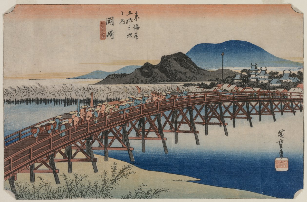 Most Yahagi na stanici Okazaki 39, ze série Padesát tři stanic Tokaida, 1833. od Ando Hiroshige