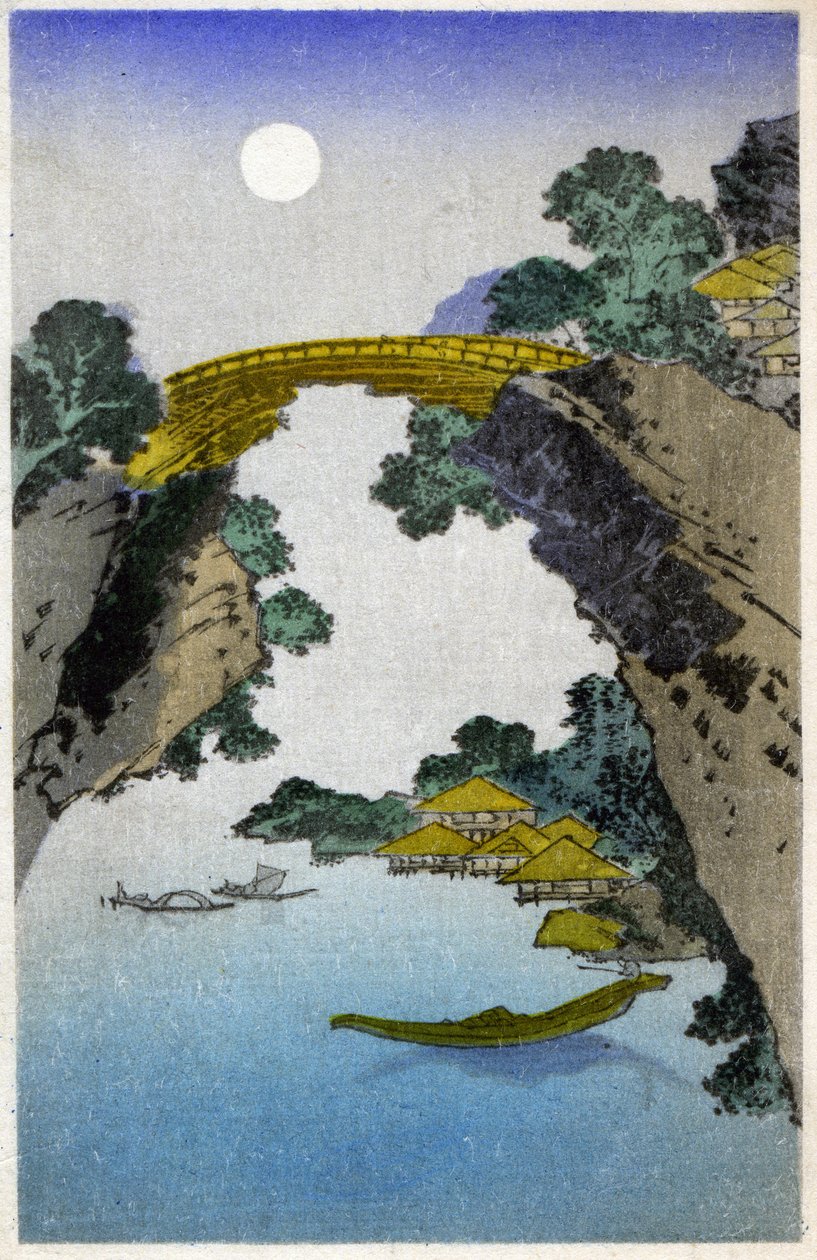 Geografie. Japonsko. Most. Dřevoryt od Hirošigeho v: Tokaido (1833-1834). Pohlednice, Japonsko, kolem roku 1900 (pohlednice) od Ando or Utagawa (after) Hiroshige