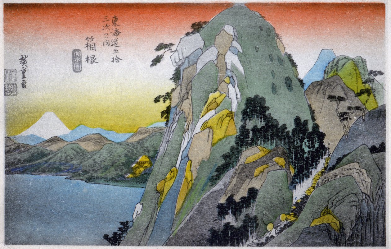 Geografie. Japonsko. Jezero Hakone (10. stanice). Dřevoryt od Hirošigeho v: Tokaido (1833-1834). Pohlednice, Japonsko, kolem roku 1900 (pohlednice) od Ando or Utagawa (after) Hiroshige