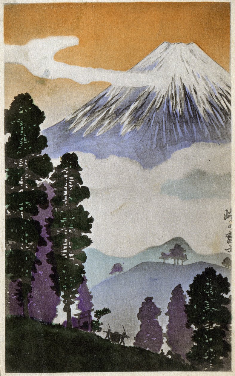Geografie. Japonsko. Hora Fudži. Dřevoryt od Hirošigeho v: Tokaido (1833-1834). Pohlednice, Japonsko, kolem roku 1900. Dřevoryt od Hirošigeho v knize: Padesát tři zastavení Tokaido (1833-1834). Pohlednice, Japonsko, kolem roku 1900 (pohlednice) od Ando or Utagawa (after) Hiroshige
