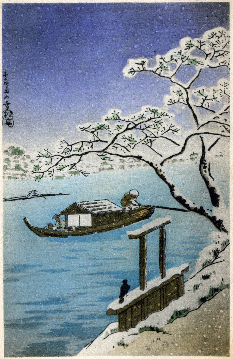 Geografie. Japonsko. Řeka v zimě. Dřevoryt od Hirošigeho v: Tokaido (1833-1834). Pohlednice, Japonsko, kolem roku 1900 (pohlednice) od Ando or Utagawa (after) Hiroshige