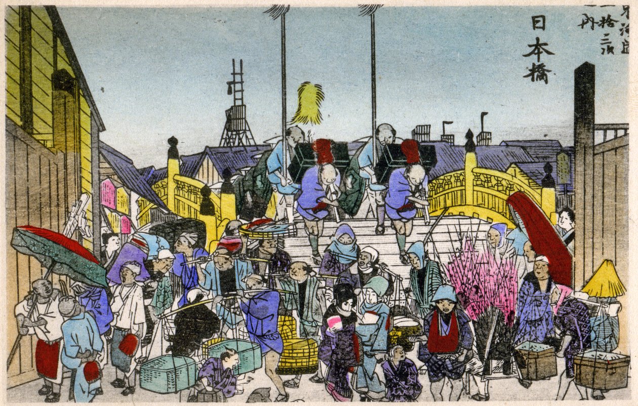 Geografie. Japonsko. Ranní záře na stanici Nihonbaši (1. stanice). Dřevoryt od Hirošigeho v: Tokaido (1833-1834). Pohlednice, Japonsko, kolem roku 1900 (pohlednice) od Ando or Utagawa (after) Hiroshige
