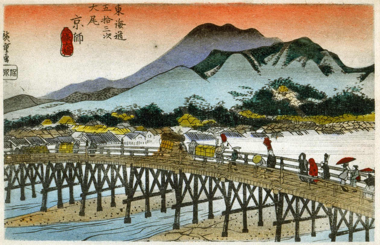 Geografie. Ranní záře na stanici Nihonbaši (55. stanice). Dřevoryt od Hirošigeho v: Tokaido (1833-1834). Pohlednice, Japonsko, kolem roku 1900 (pohlednice) od Ando or Utagawa (after) Hiroshige