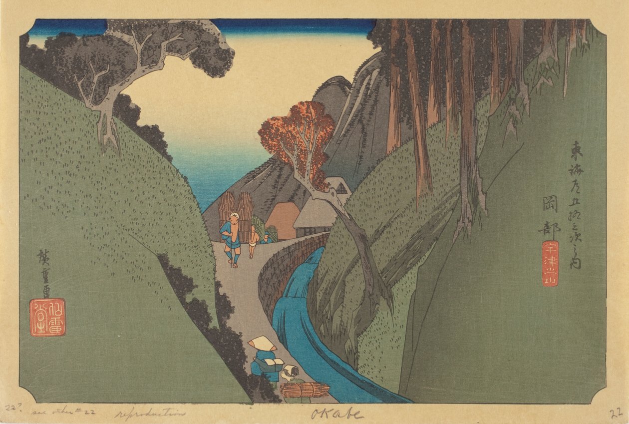 Stanice Okabe (barevný dřevěný blok) od Ando or Utagawa (after) Hiroshige