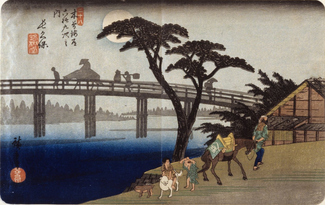 (Šedé siluety na mostě) od Ando or Utagawa Hiroshige
