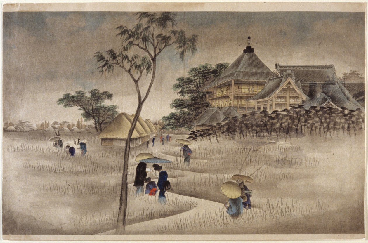 (Velká budova s chatami níže) (Stejné jako 17.218) od Ando or Utagawa Hiroshige